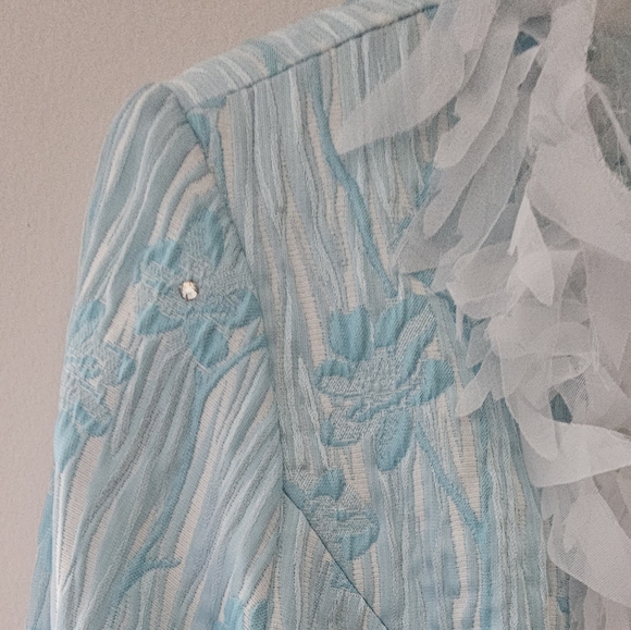ISABEL Elegant Formal Jacket Turquoise White Rhinestones “Feather” Trim Like New - Picture 8 of 11